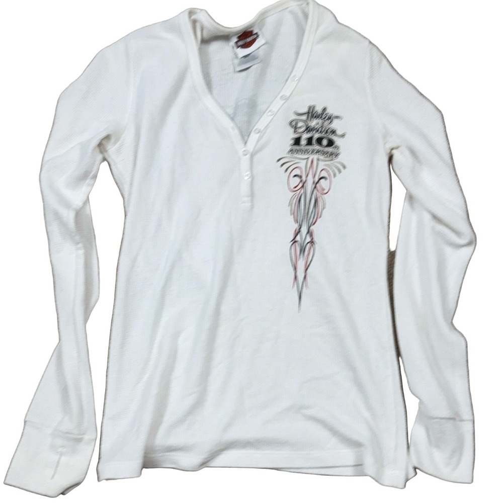 Harley-Davidson 110th Anniversary Women's White Waffle Knit Henley M